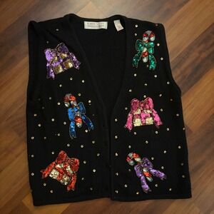 Karen Scott Evening Black Sequin‎ Christmas Vest Women's Small Holiday Party